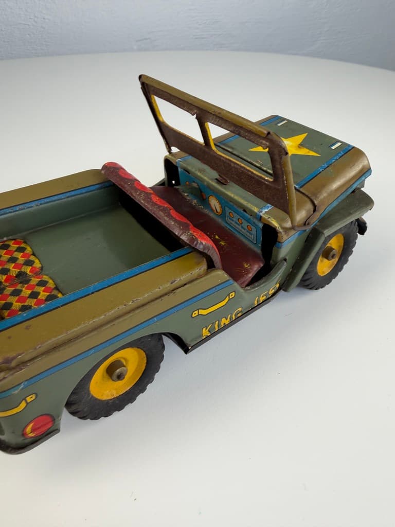 Toy King Jeep Willys WWII Military, green yellow red black silver blue, metal, Japan, 1960s. - 364708