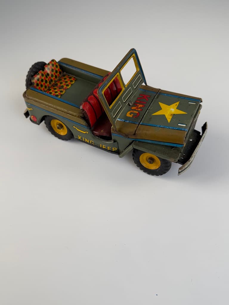 Toy King Jeep Willys WWII Military, green yellow red black silver blue, metal, Japan, 1960s. - 364706
