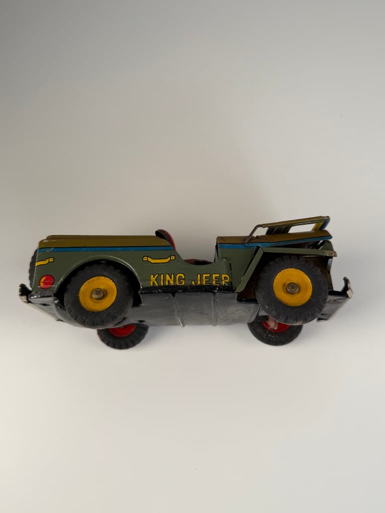 Toy King Jeep Willys WWII Military, green yellow red black silver blue, metal, Japan, 1960s. - 364714