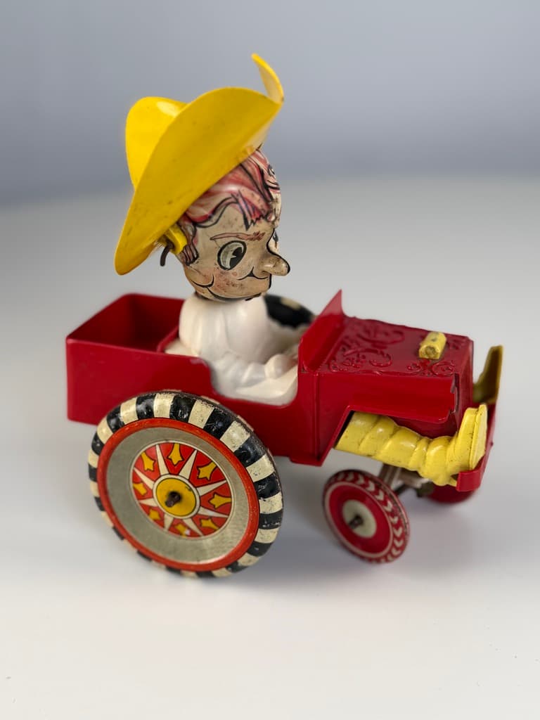 Mechanical toy Sheriff Sam / Whoopee Car, red yellow white black, metal, Louis Marx & Company, USA, 1930s. - 364721