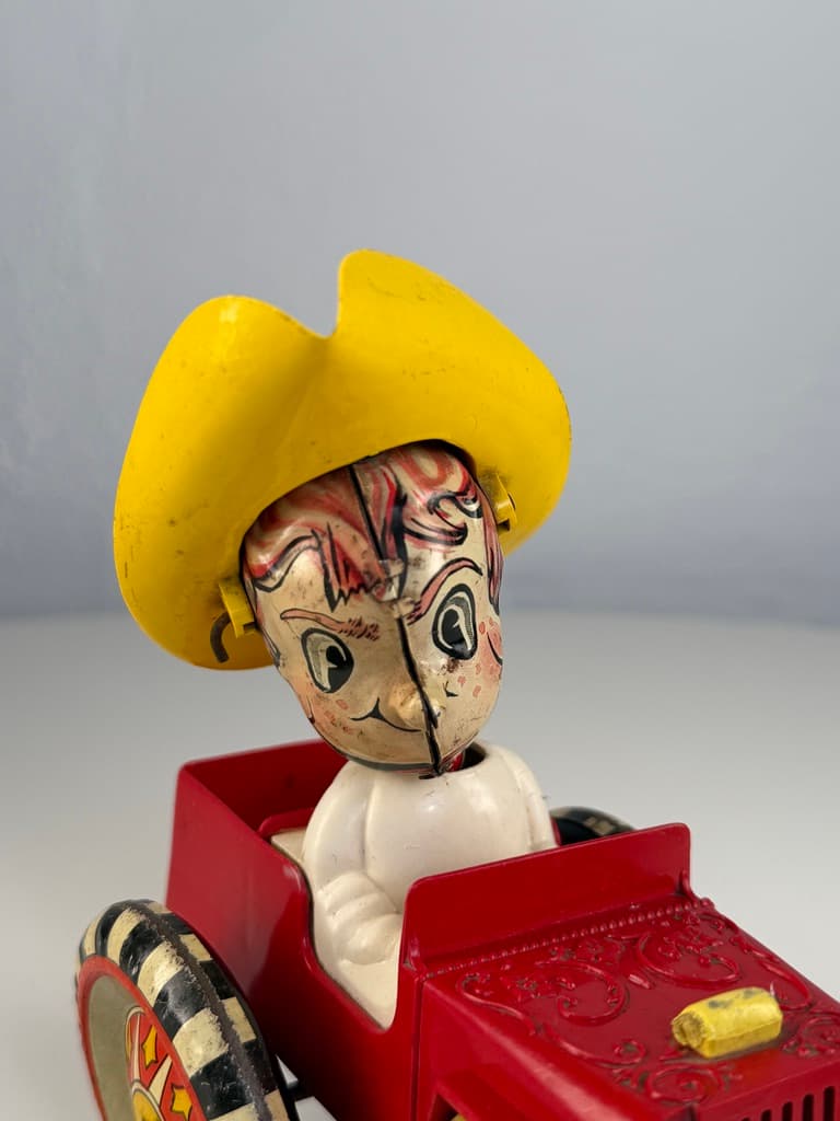 Mechanical toy Sheriff Sam / Whoopee Car, red yellow white black, metal, Louis Marx & Company, USA, 1930s. - 364718