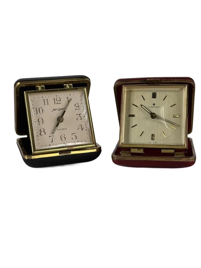 Set of two travel clocks, Junghans & Jerger, gold brass, black and burgundy faux leather, Germany, 1960s. - DIMENSION