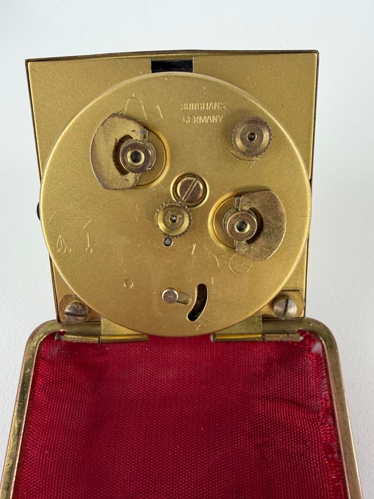Set of two travel clocks, Junghans & Jerger, gold brass, black and burgundy faux leather, Germany, 1960s. - 364762
