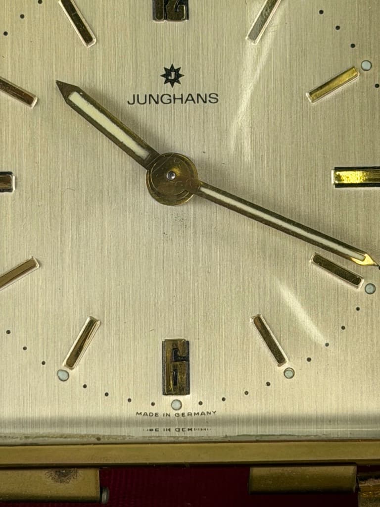 Set of two travel clocks, Junghans & Jerger, gold brass, black and burgundy faux leather, Germany, 1960s. - 364764