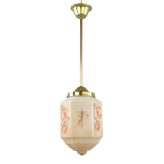 Lampa wisząca Art déco, szkło ivory white, mosiądz, Polska, lata 20. - WYMIARY