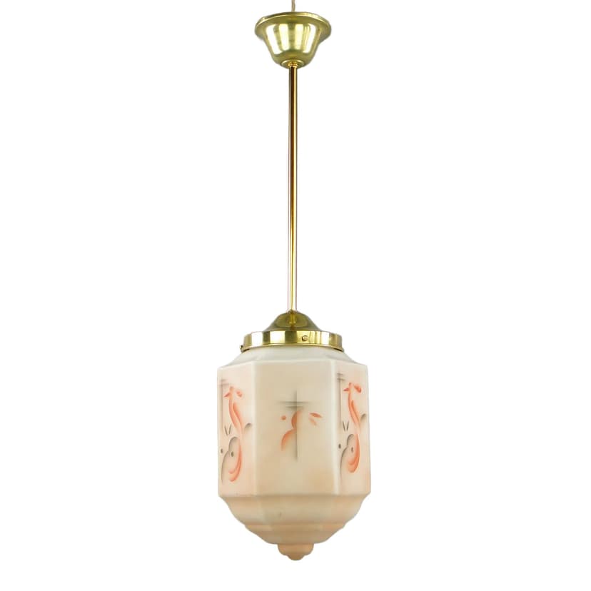 Pendant lamp Art Deco, ivory white glass, brass, Poland, 1920s