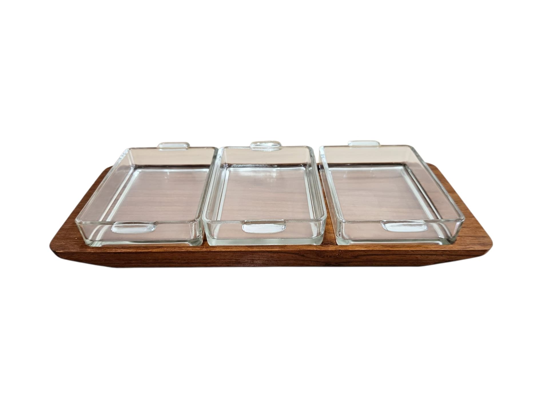 Serving set, ARTIFORM Siam, brown teak, clear glass, Denmark, 1960s. - 365017