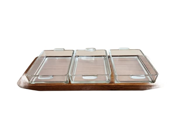 Serving set, ARTIFORM Siam, brown teak, clear glass, Denmark, 1960s. - DIMENSION