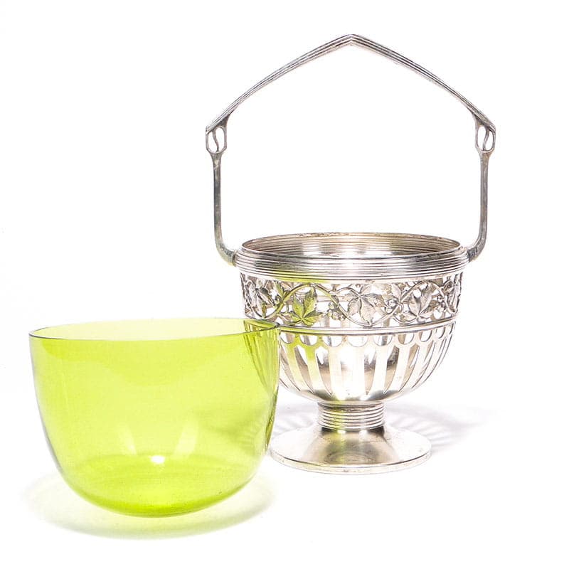 Sugar Bowl, Art Nouveau, silver brass, green crystal, WMF, Germany, early 20th century - 365036