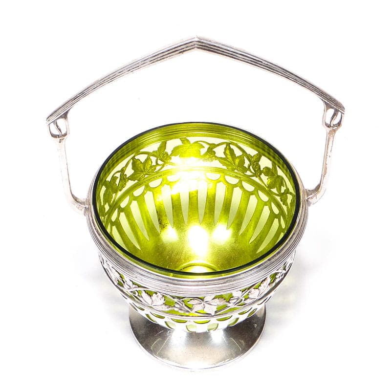Sugar Bowl, Art Nouveau, silver brass, green crystal, WMF, Germany, early 20th century - 365042