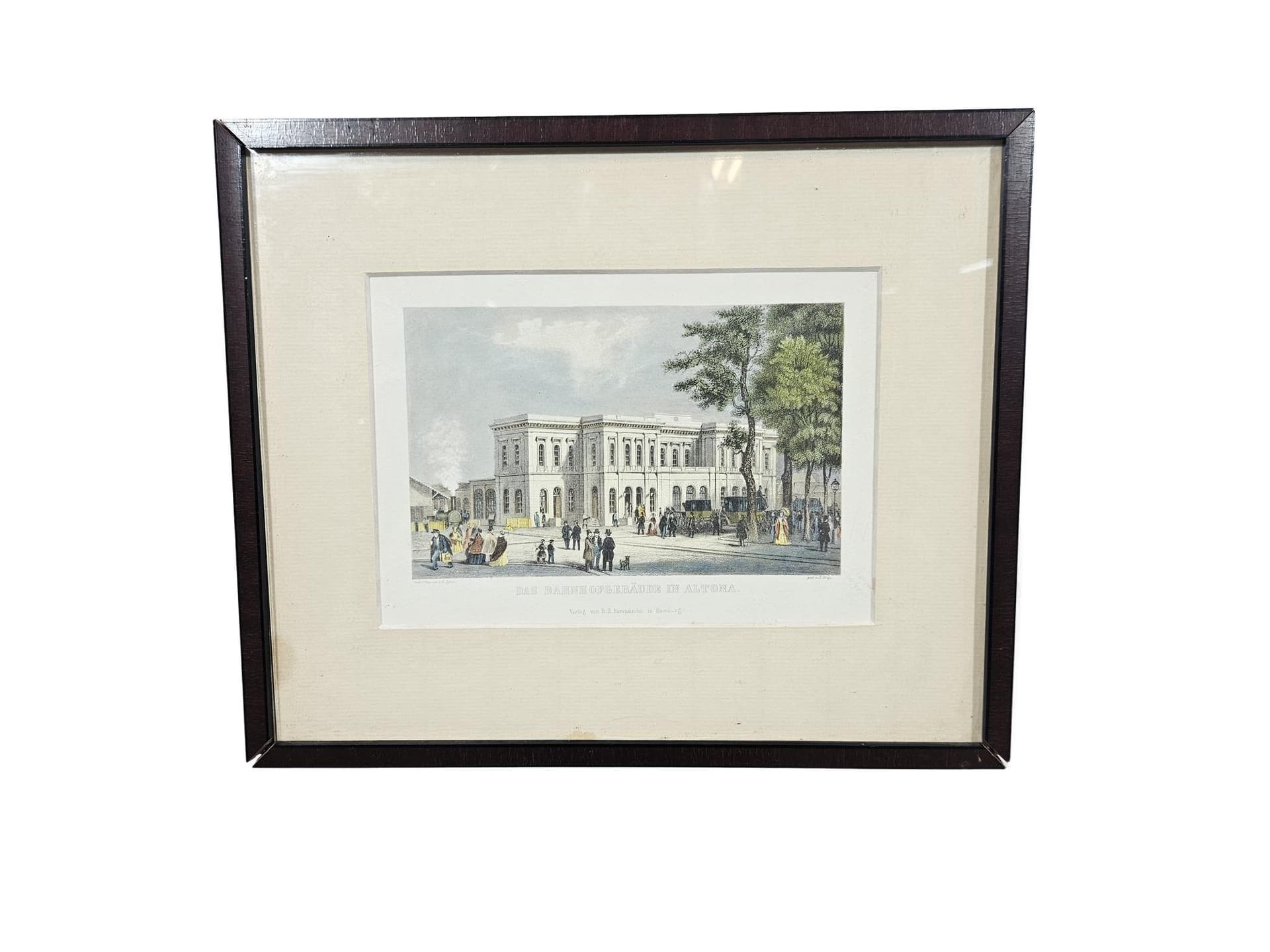 Graphic Hamburg Altona 25x29.5 cm, paper, brown wood, glass, by J. Gray, Germany, 1970s.