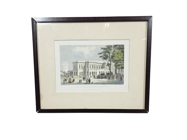 Graphic Hamburg Altona 25x29.5 cm, paper, brown wood, glass, by J. Gray, Germany, 1970s. - DIMENSION