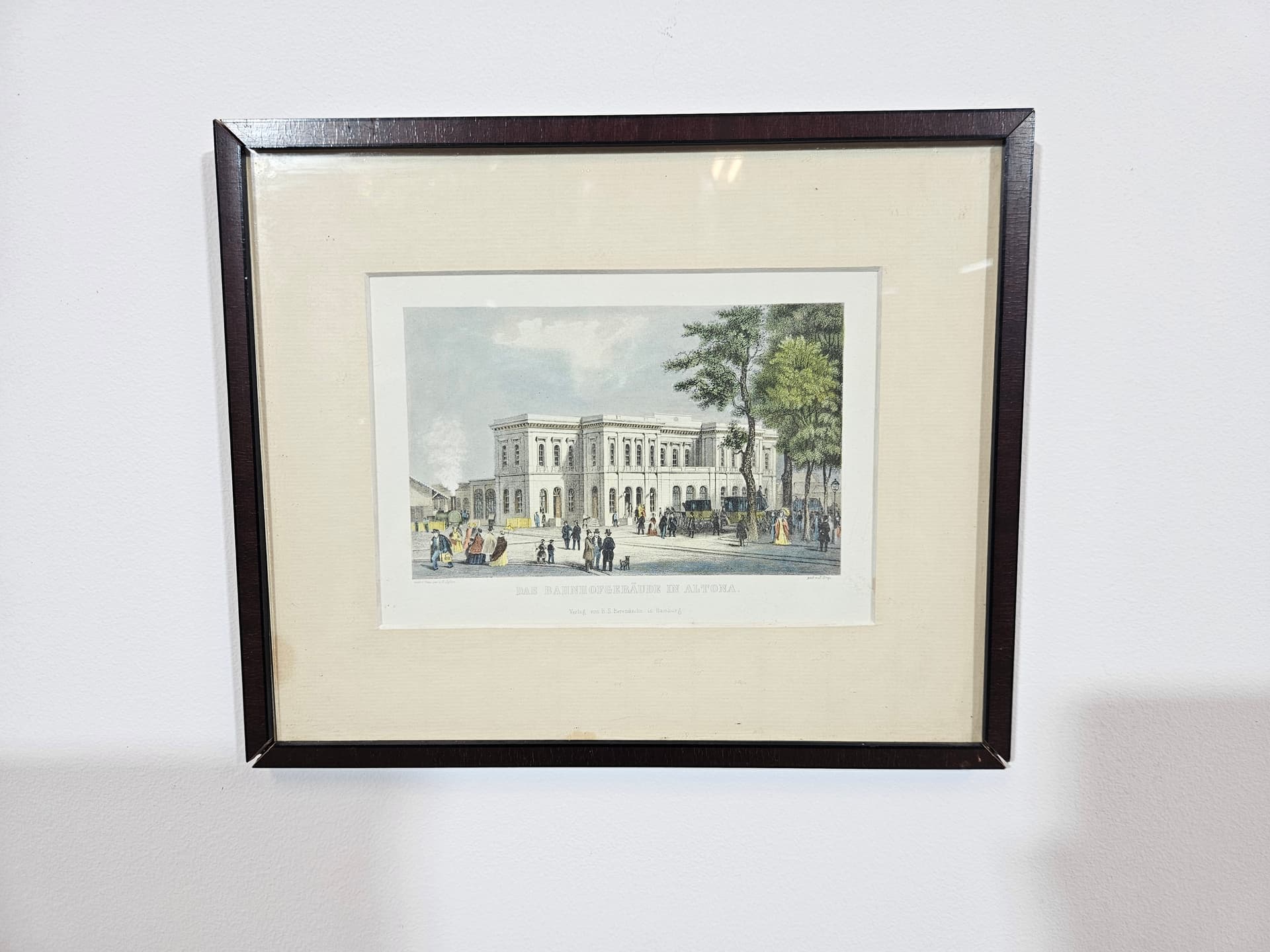 Graphic Hamburg Altona 25x29.5 cm, paper, brown wood, glass, by J. Gray, Germany, 1970s. - 365213