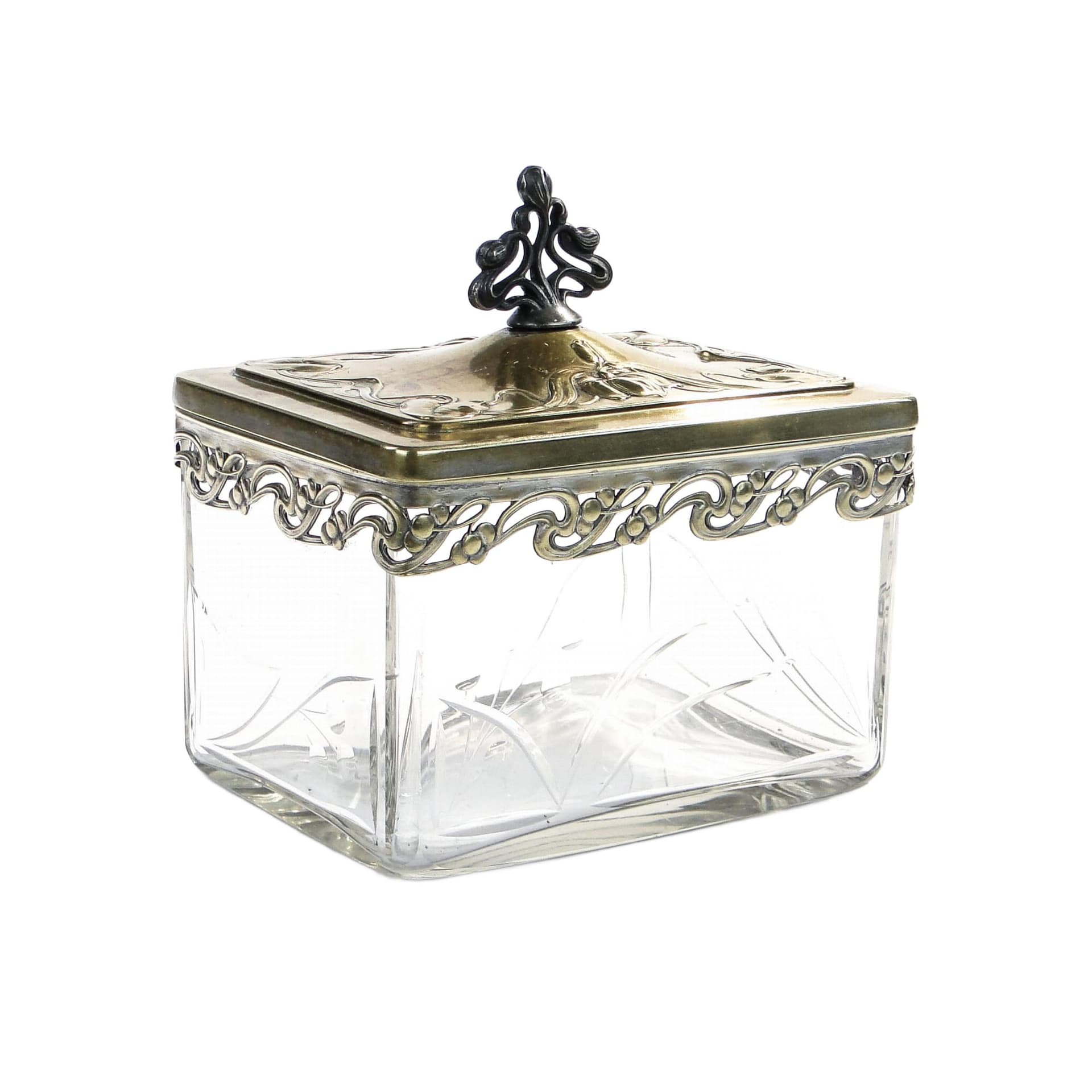 Biscuit box Art Nouveau, clear crystal, brass gold, silver, by A. Mayer, WMF, Germany, early 20th c.