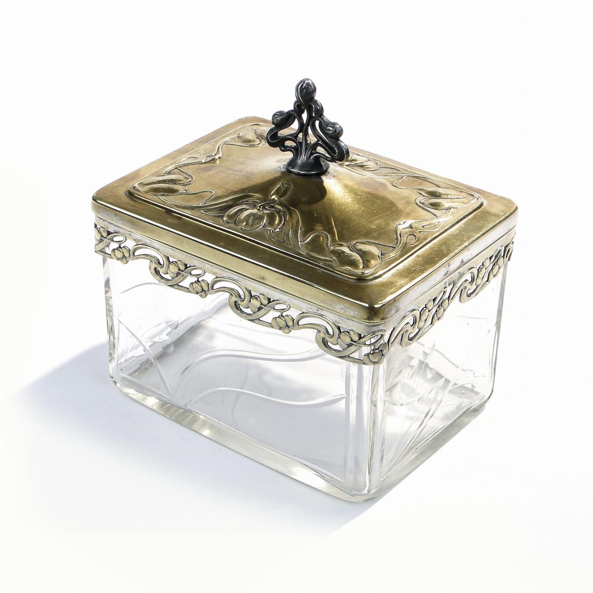 Biscuit box Art Nouveau, clear crystal, brass gold, silver, by A. Mayer, WMF, Germany, early 20th c. - 365219