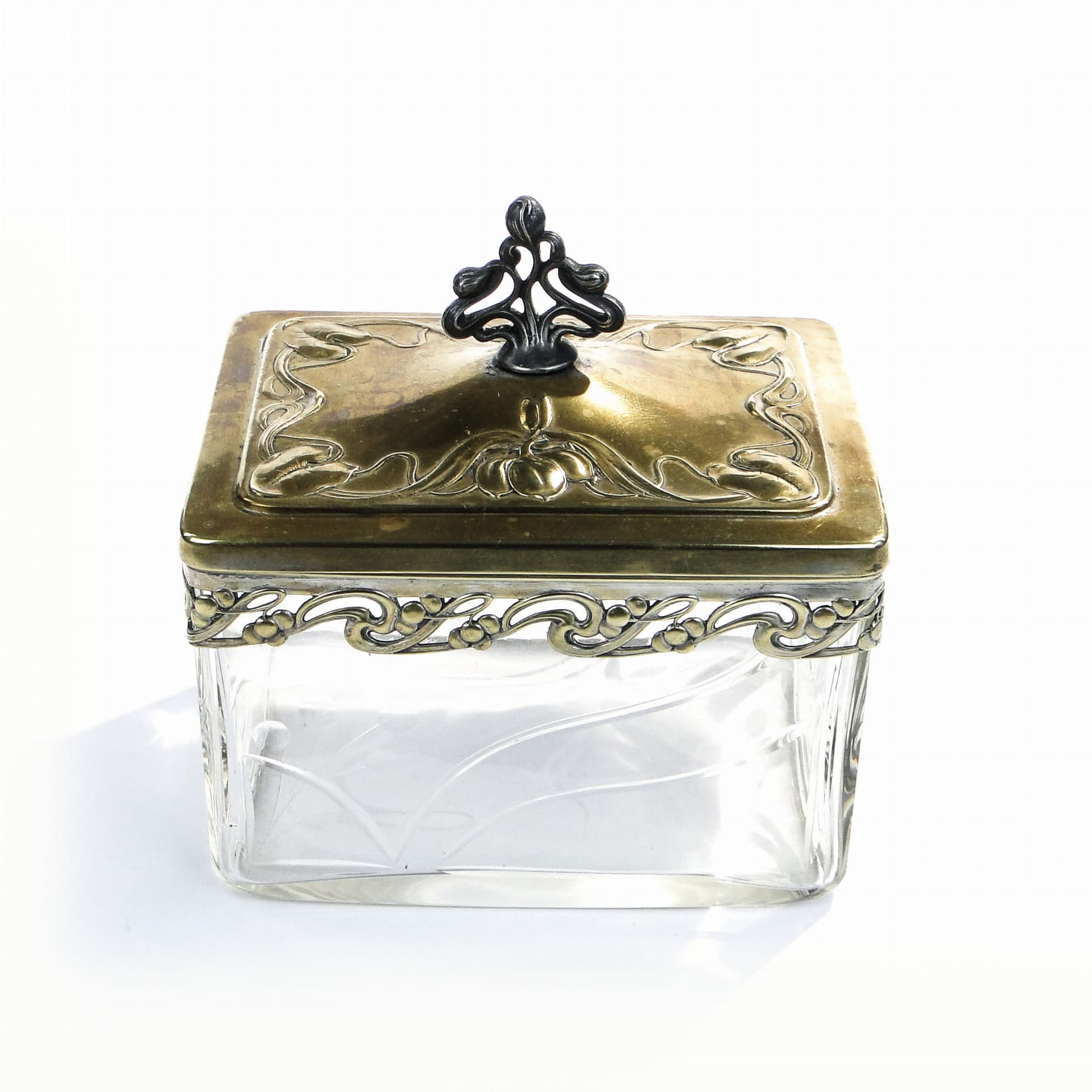 Biscuit box Art Nouveau, clear crystal, brass gold, silver, by A. Mayer, WMF, Germany, early 20th c. - 365225