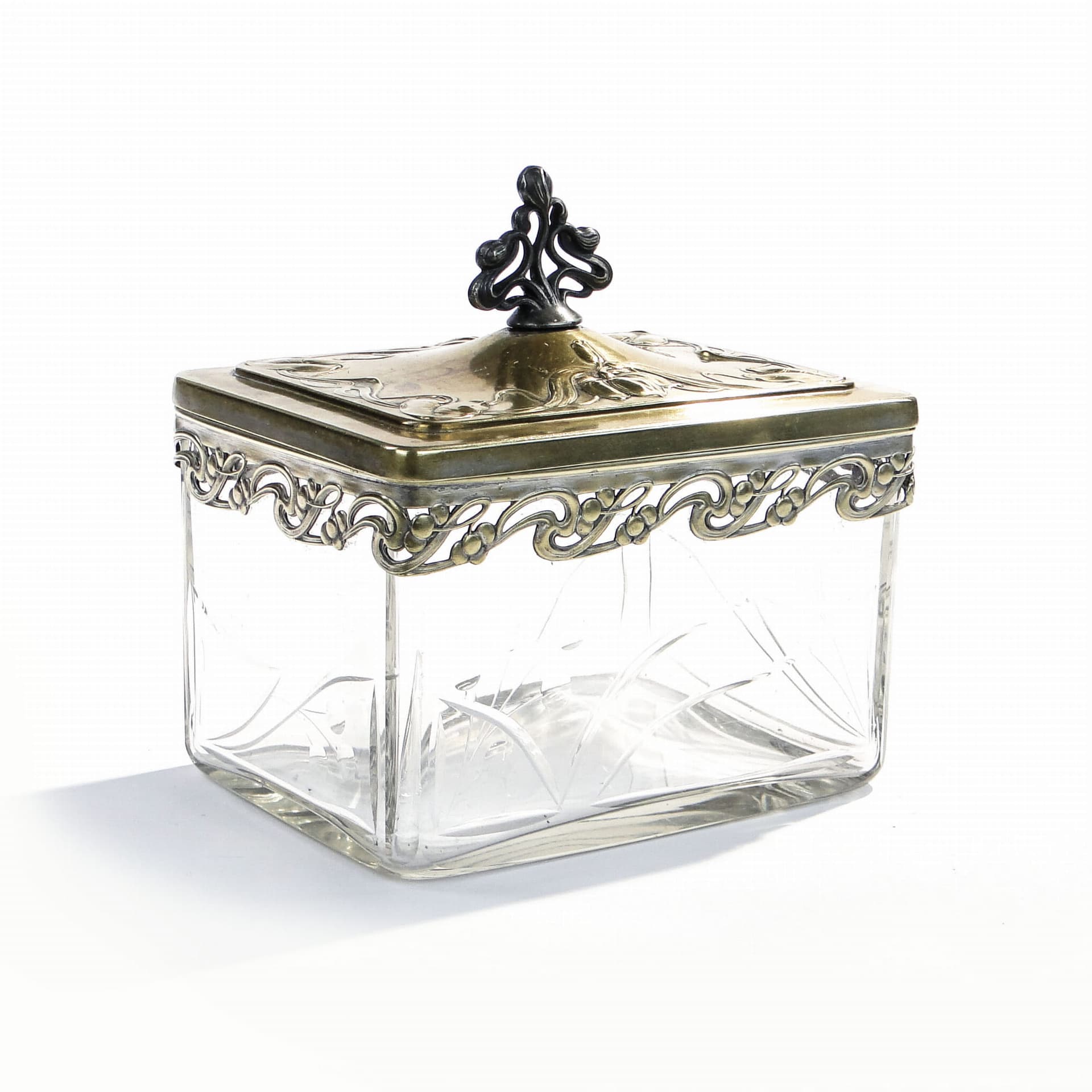 Biscuit box Art Nouveau, clear crystal, brass gold, silver, by A. Mayer, WMF, Germany, early 20th c. - 365226