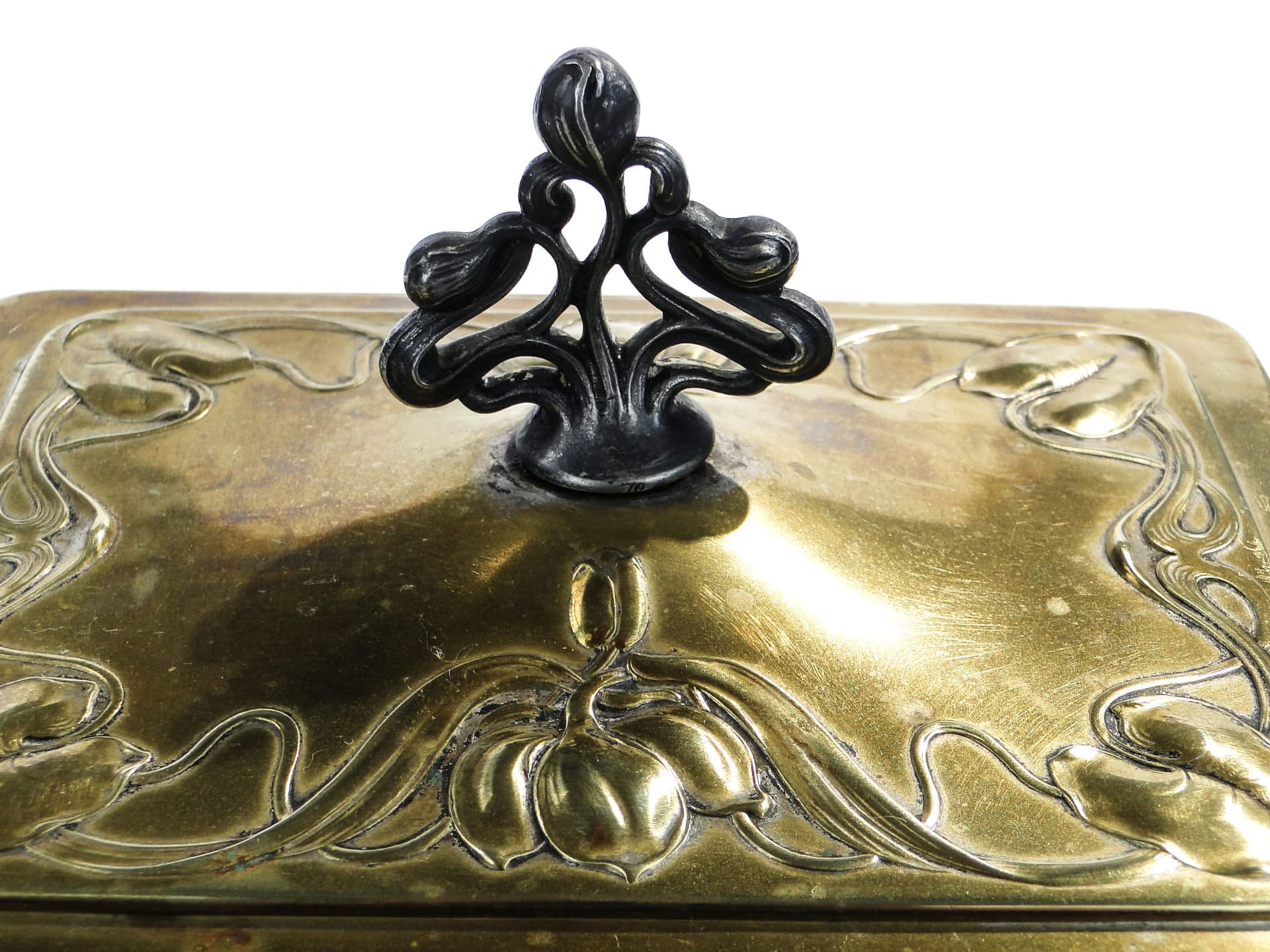 Biscuit box Art Nouveau, clear crystal, brass gold, silver, by A. Mayer, WMF, Germany, early 20th c. - 365232