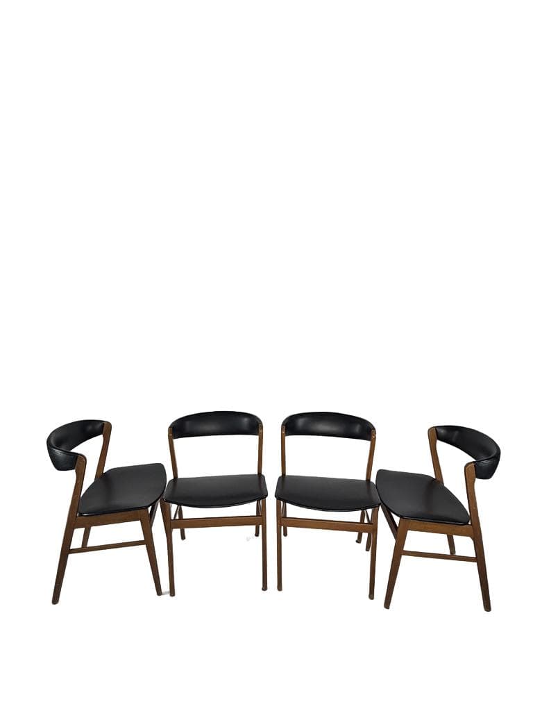 Set of four Scandinavian chairs, brown wood, black faux leather, Denmark, 1960s.