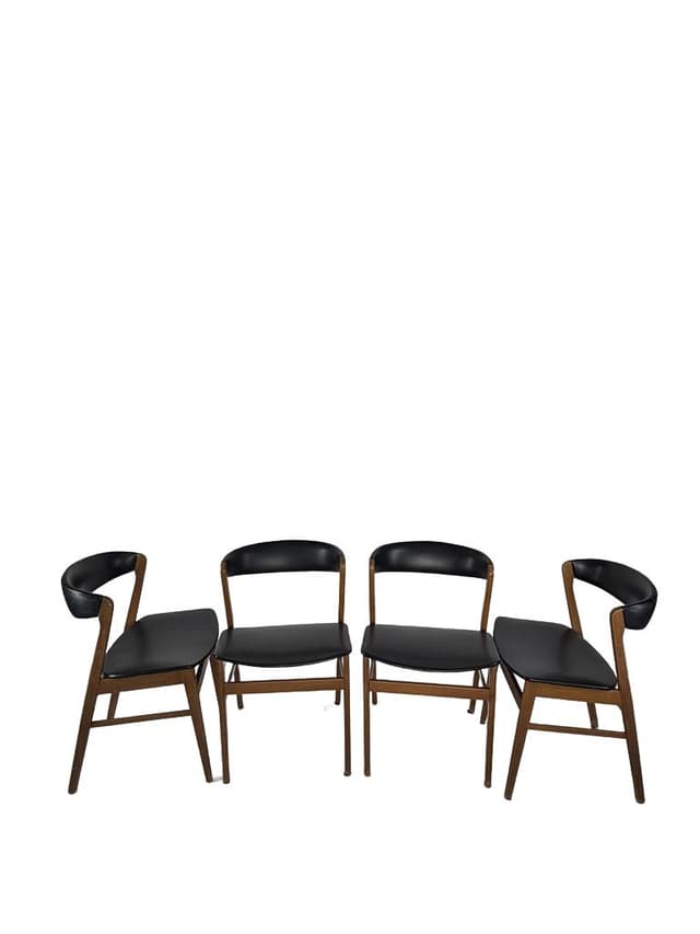 Set of four Scandinavian chairs, brown wood, black faux leather, Denmark, 1960s. - DIMENSION