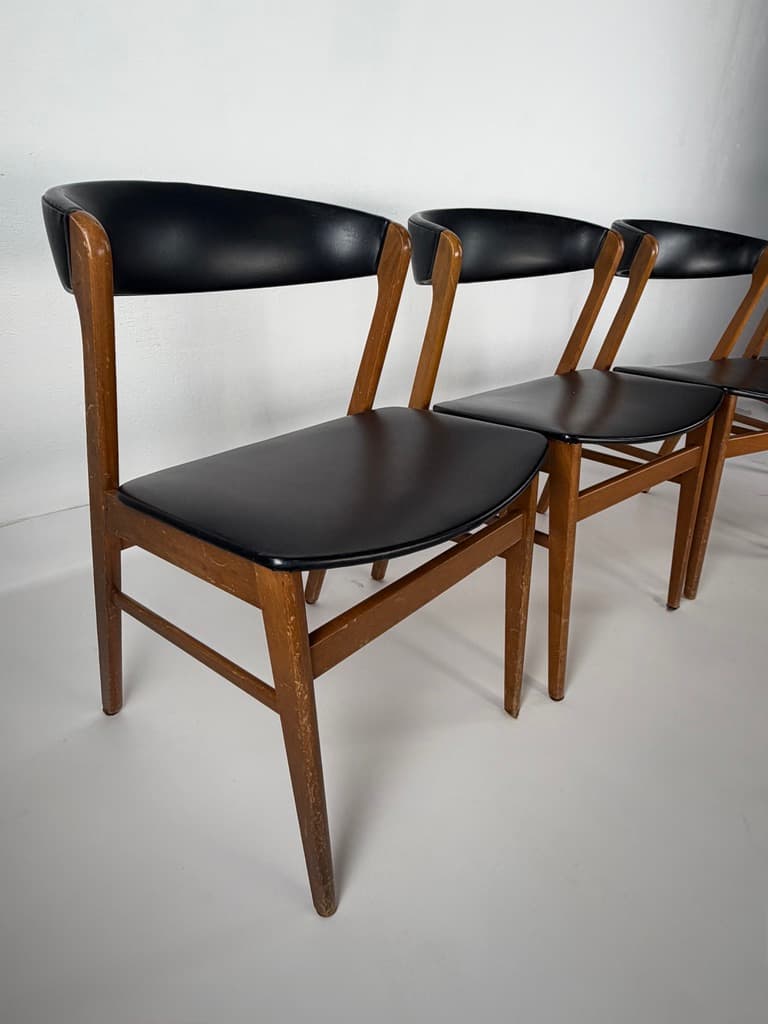 Set of four Scandinavian chairs, brown wood, black faux leather, Denmark, 1960s. - 365285
