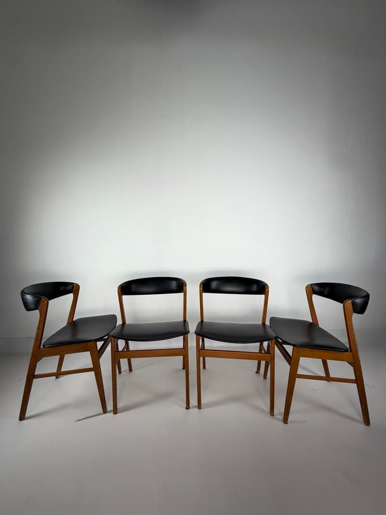 Set of four Scandinavian chairs, brown wood, black faux leather, Denmark, 1960s. - 365286