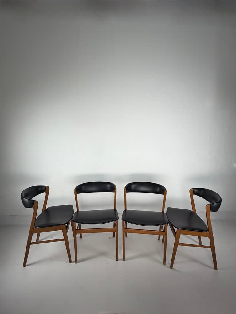 Set of four Scandinavian chairs, brown wood, black faux leather, Denmark, 1960s. - 365284