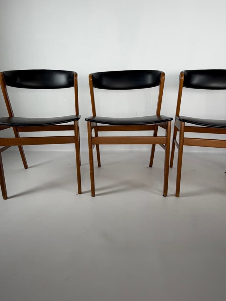 Set of four Scandinavian chairs, brown wood, black faux leather, Denmark, 1960s. - 365288