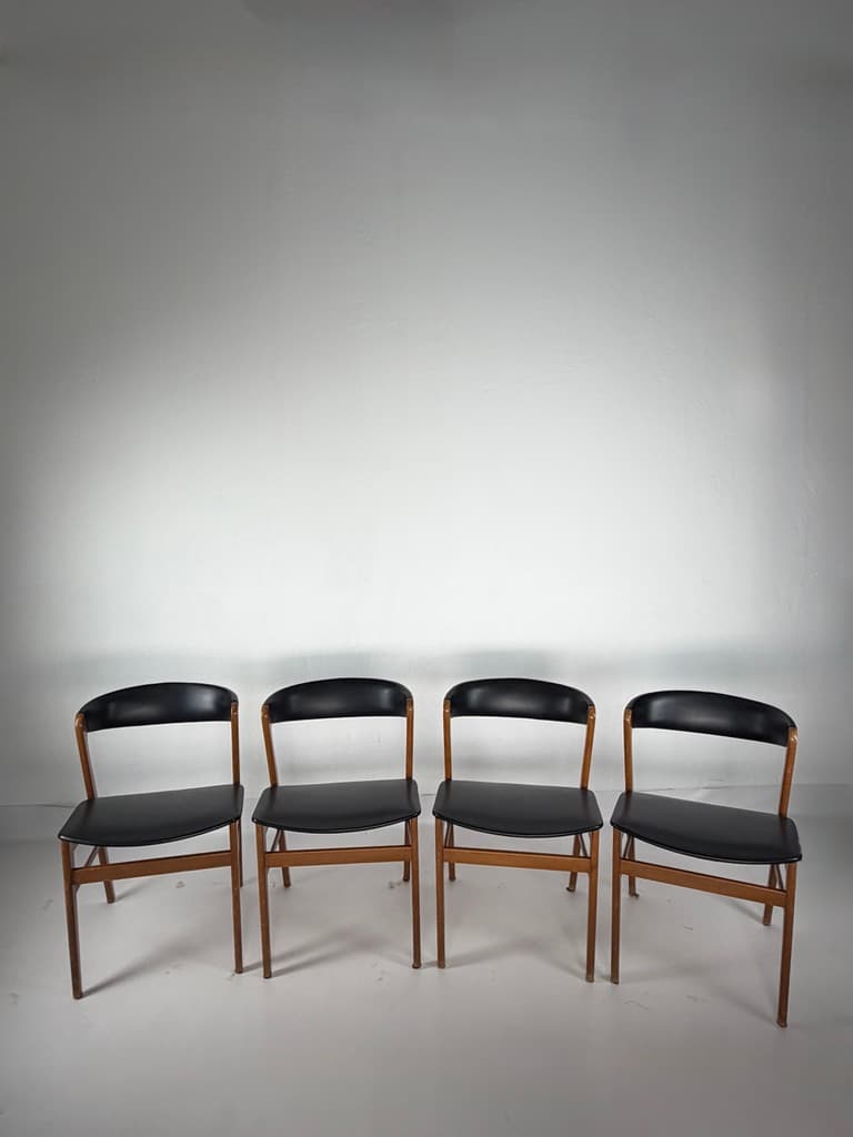 Set of four Scandinavian chairs, brown wood, black faux leather, Denmark, 1960s. - 365287