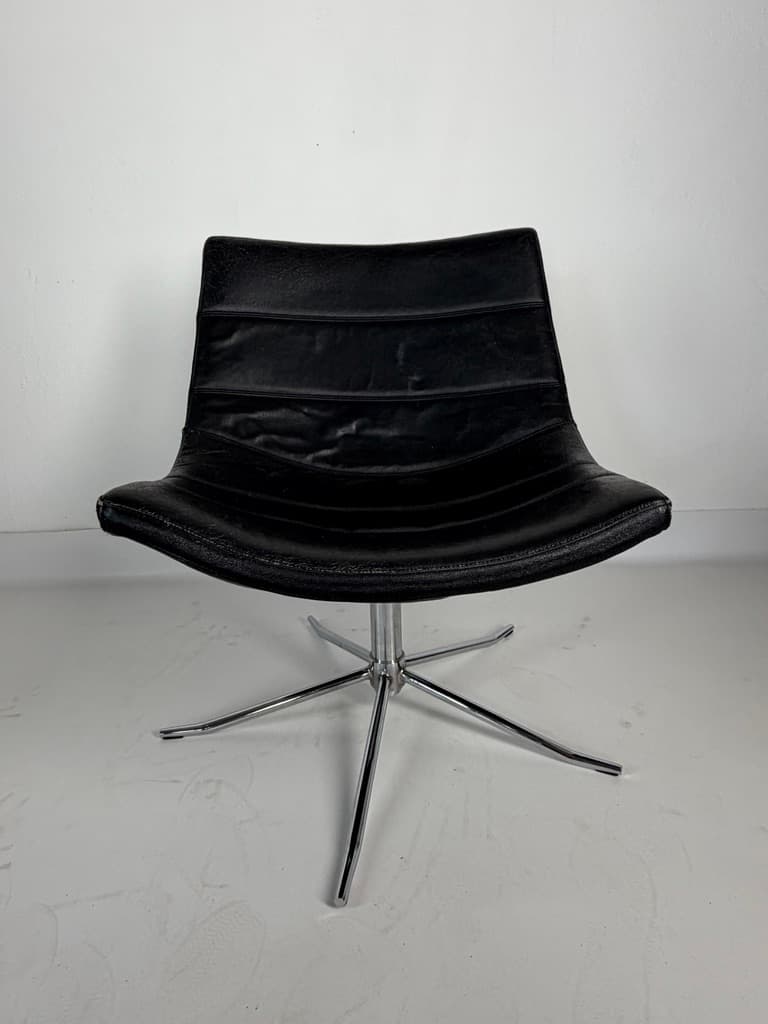 Swivel lounge chair, black leather, chromed steel, Denmark, 1970s - 365425