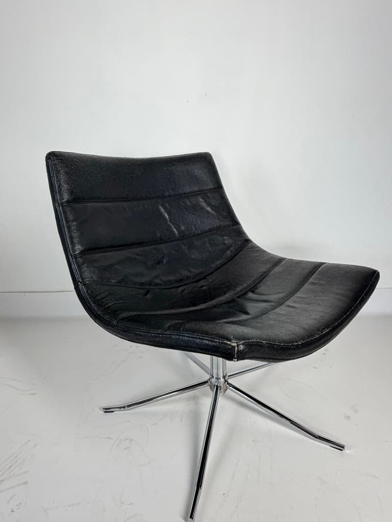 Swivel lounge chair, black leather, chromed steel, Denmark, 1970s - 365427