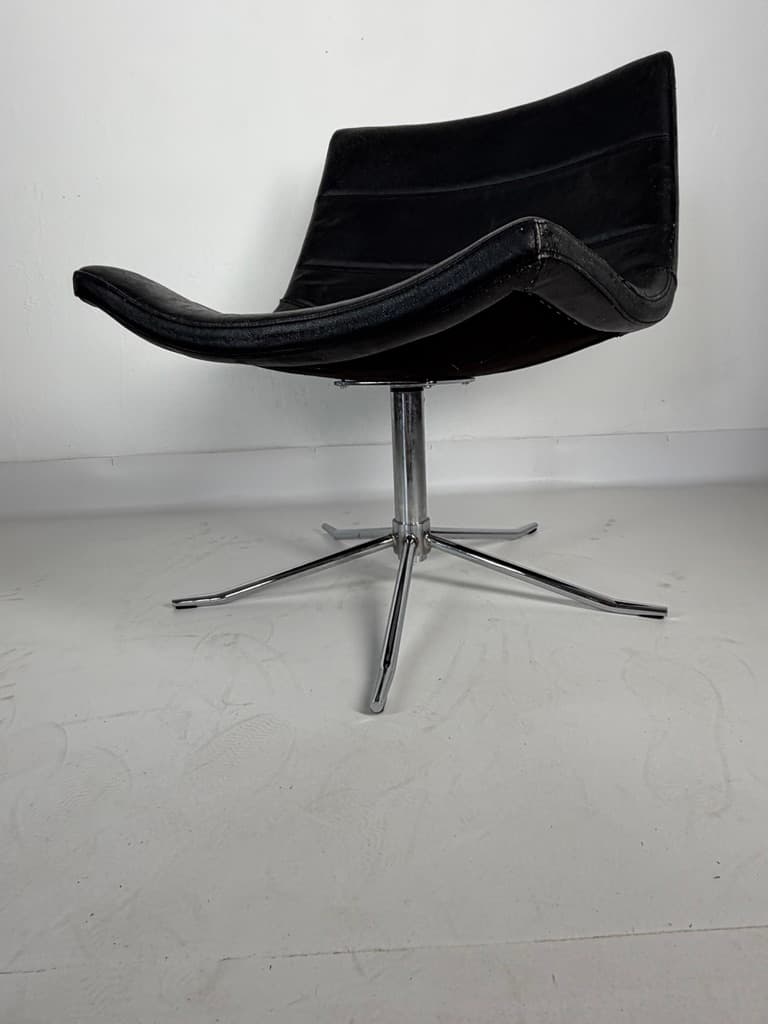 Swivel lounge chair, black leather, chromed steel, Denmark, 1970s - 365426
