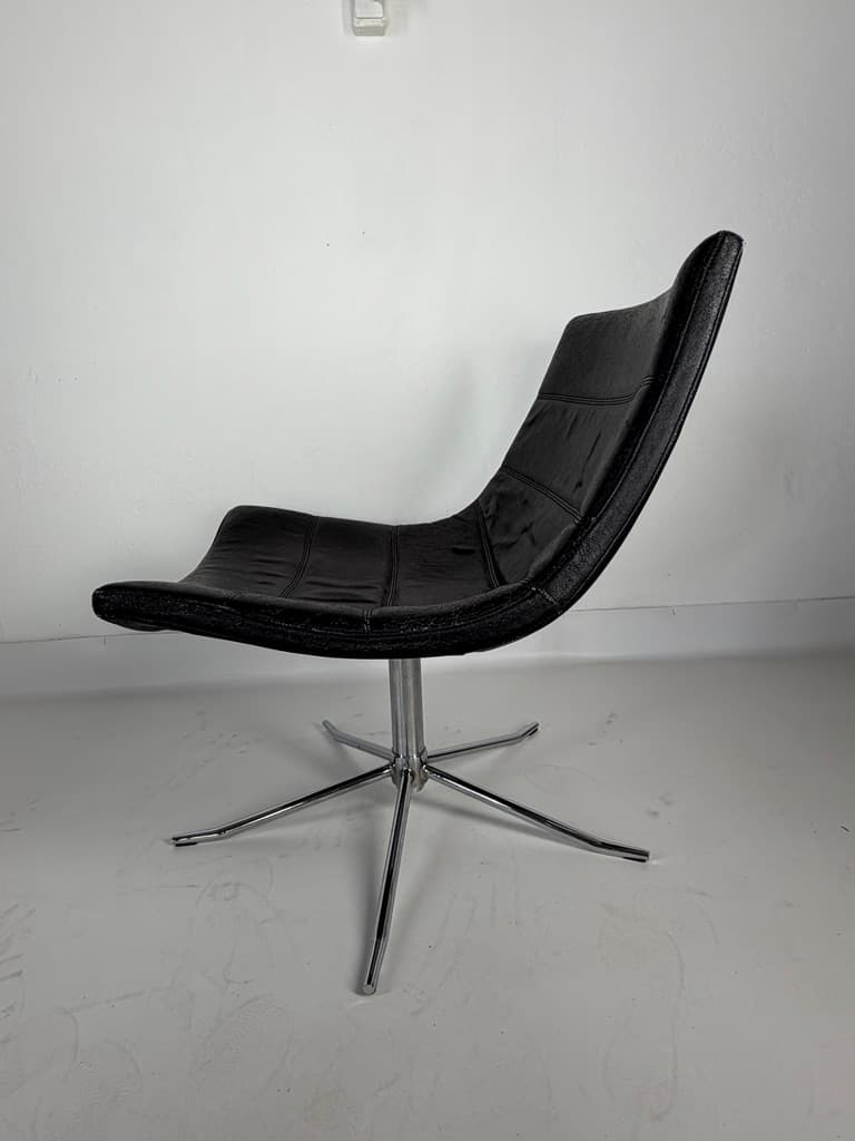 Swivel lounge chair, black leather, chromed steel, Denmark, 1970s - 365421