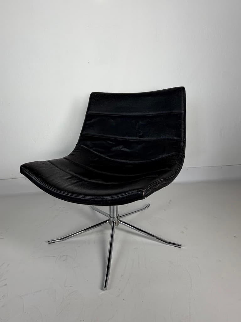 Swivel lounge chair, black leather, chromed steel, Denmark, 1970s - 365424