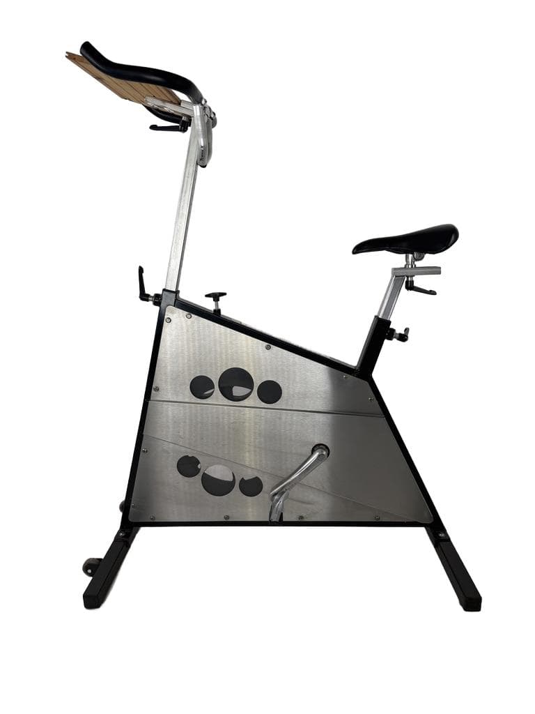 Spinning bike Body Bike Future Workout, brushed steel silver, aluminum silver, wood brown, Denmark, 1990s.