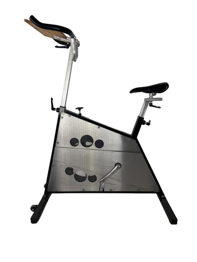 Spinning bike Body Bike Future Workout, brushed steel silver, aluminum silver, wood brown, Denmark, 1990s. - DIMENSION