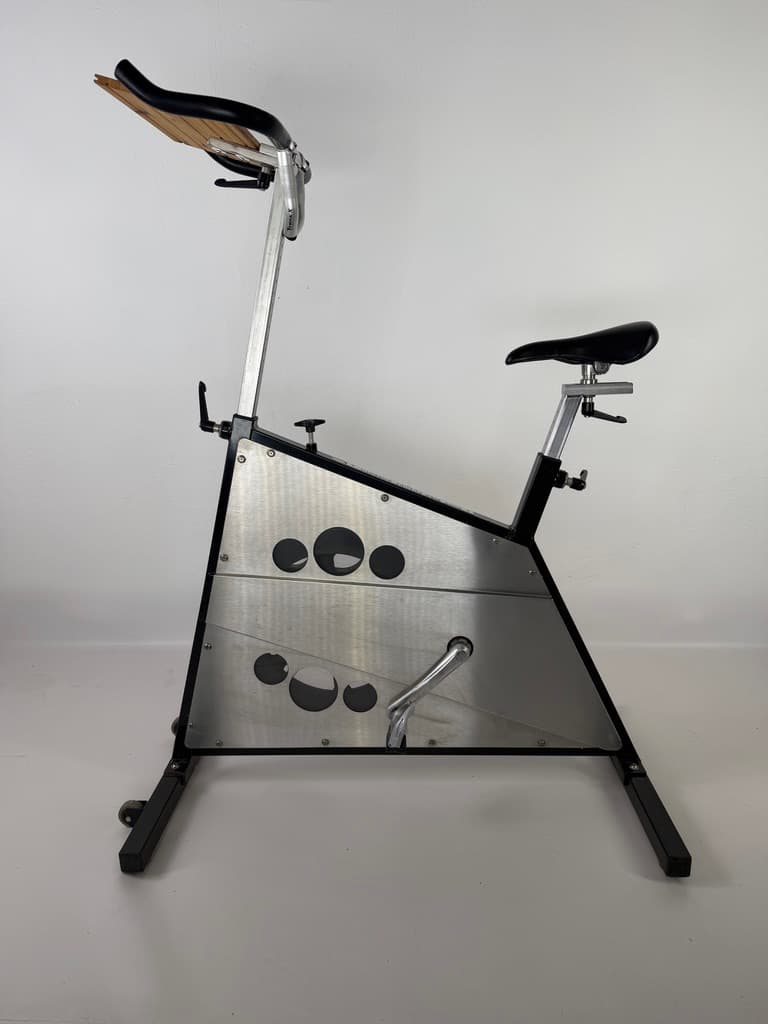 Spinning bike Body Bike Future Workout, brushed steel silver, aluminum silver, wood brown, Denmark, 1990s. - 365445