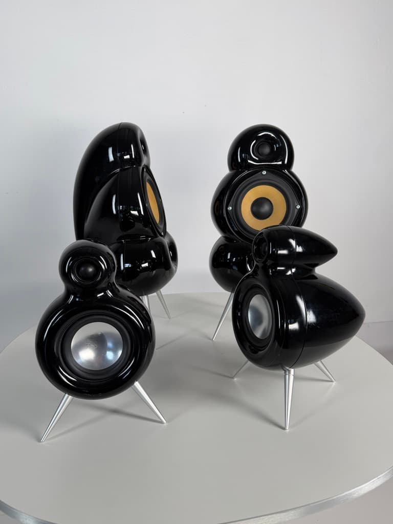 Set of four speakers MiniPod and MicroPod, black, plastic, aluminium, by S. Ghahary, Denmark - 365467