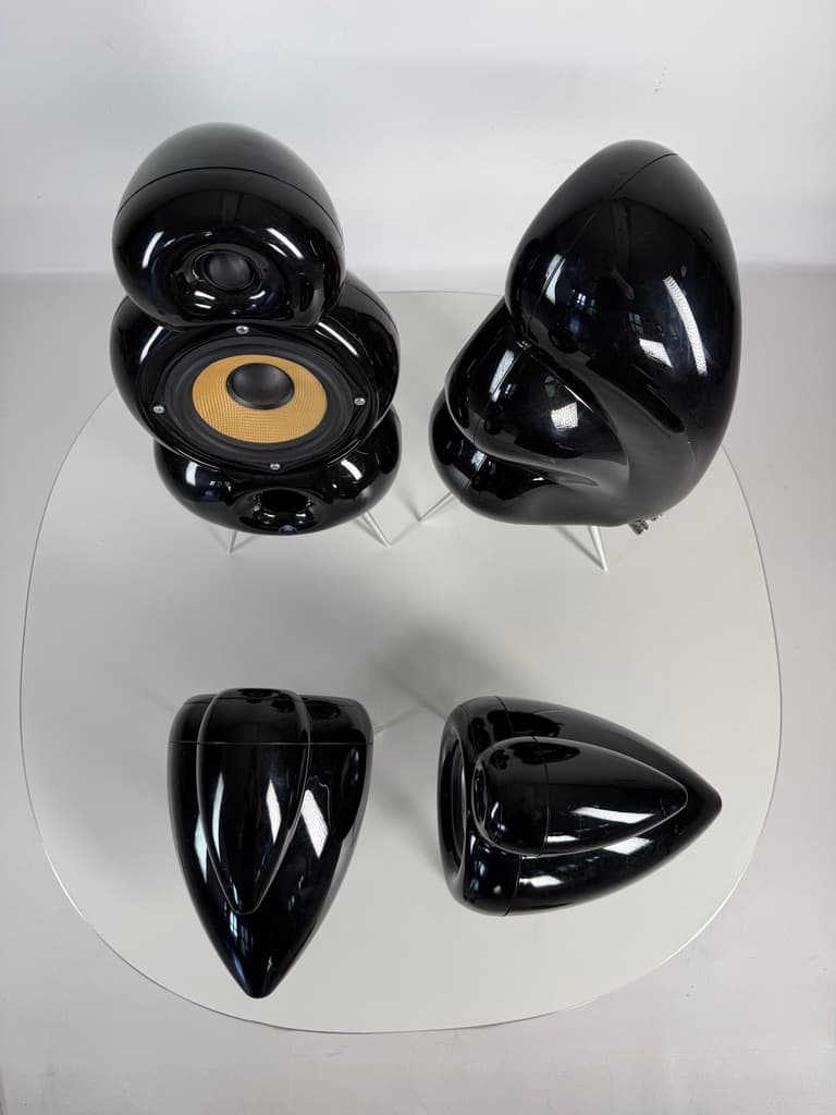 Set of four speakers MiniPod and MicroPod, black, plastic, aluminium, by S. Ghahary, Denmark - 365469