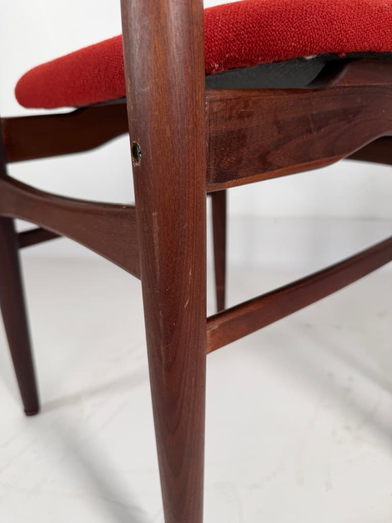 Pair of chairs, brown teak, red fabric, Denmark, 1960s. - 365484