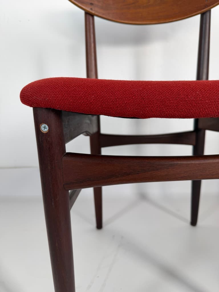Pair of chairs, brown teak, red fabric, Denmark, 1960s. - 365482