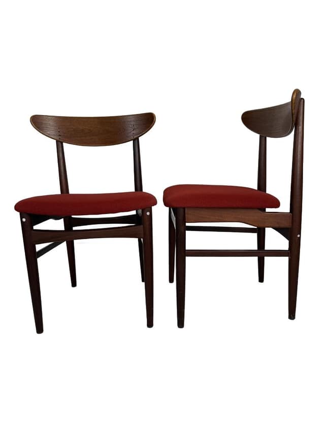 Pair of chairs, brown teak, red fabric, Denmark, 1960s. - DIMENSION