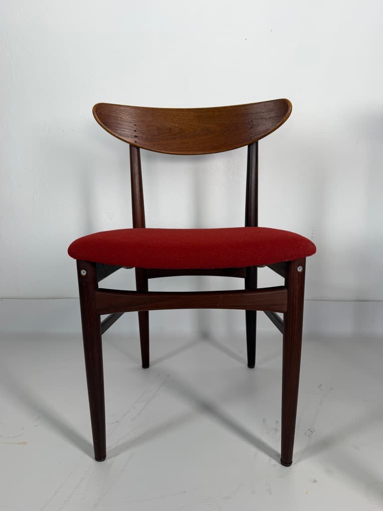 Pair of chairs, brown teak, red fabric, Denmark, 1960s. - 365476