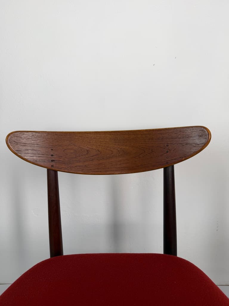 Pair of chairs, brown teak, red fabric, Denmark, 1960s. - 365481