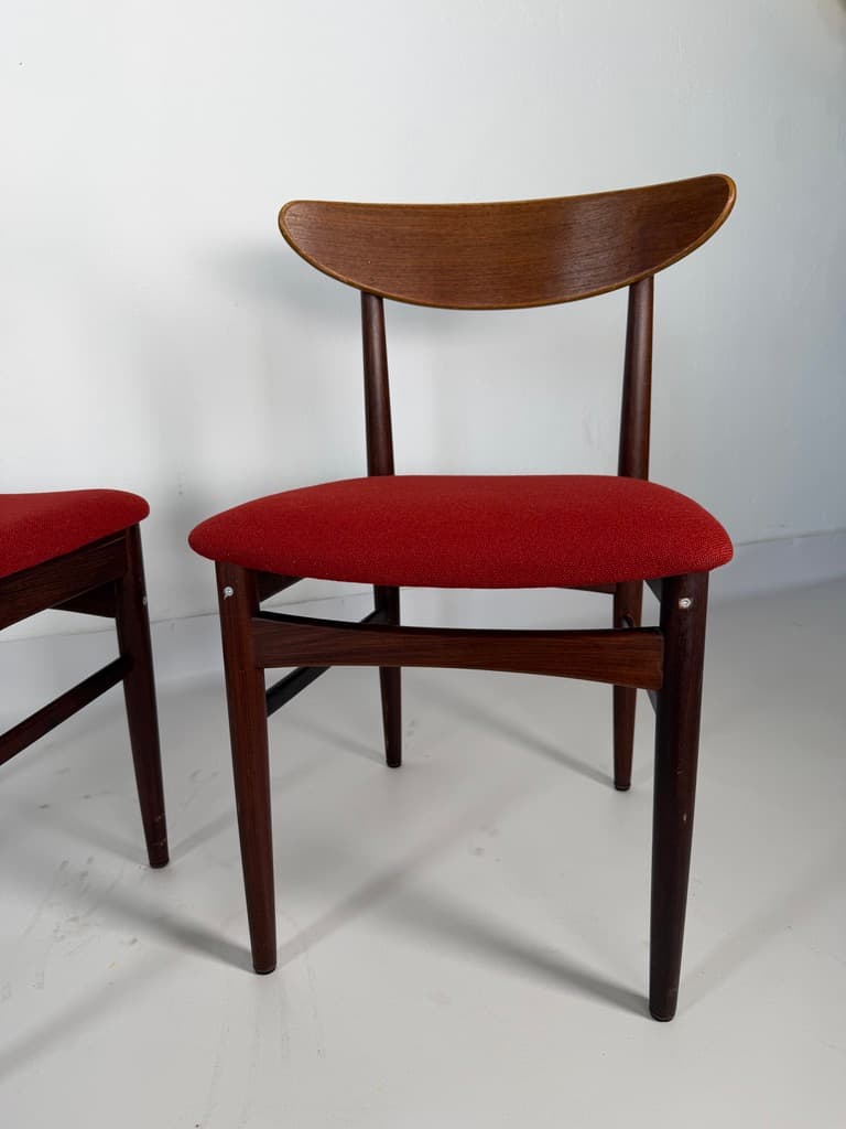 Pair of chairs, brown teak, red fabric, Denmark, 1960s. - 365477