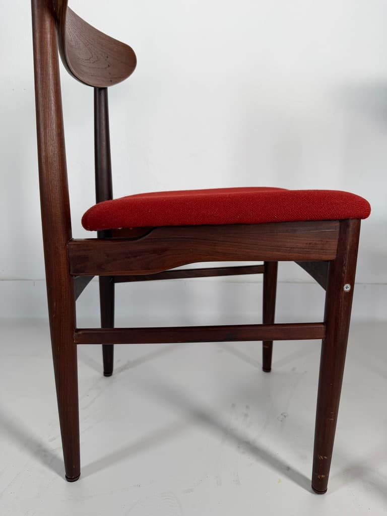 Pair of chairs, brown teak, red fabric, Denmark, 1960s. - 365479