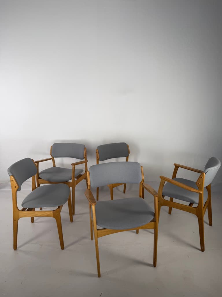 Set of five chairs, brown oak, grey fabric, by E. Buch, Denmark, 1960s. - 365492