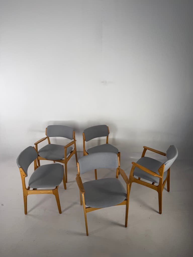 Set of five chairs, brown oak, grey fabric, by E. Buch, Denmark, 1960s. - 365494
