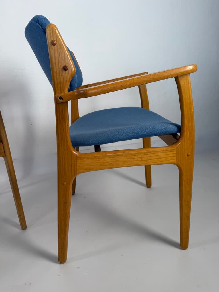 Set of four chairs, brown oak, blue and yellow fabric, by E. Buch, Denmark, 1960s. - 365495