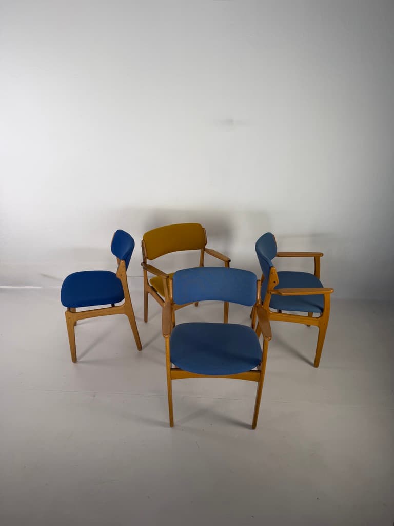 Set of four chairs, brown oak, blue and yellow fabric, by E. Buch, Denmark, 1960s. - 365496